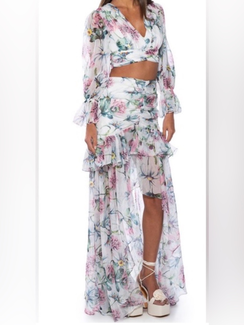 AKIRA White Floral High-Low Ruffle Maxi Skirt and Top set.